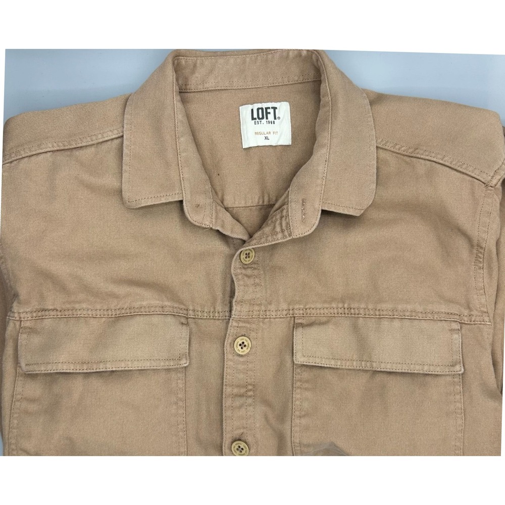 LOFT Tan Long Sleeve Cotton Button Front Utility Shirt Women's XL